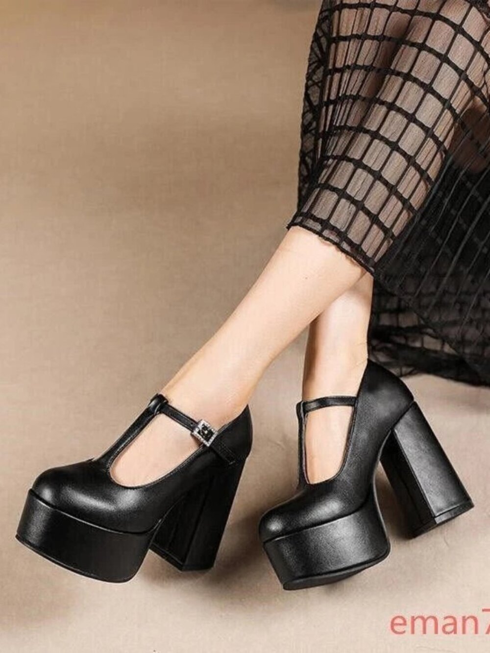Women's SHINY T-strap Platform Black Heels Mary Jane Shoes SZ10 SEXY! NEW!